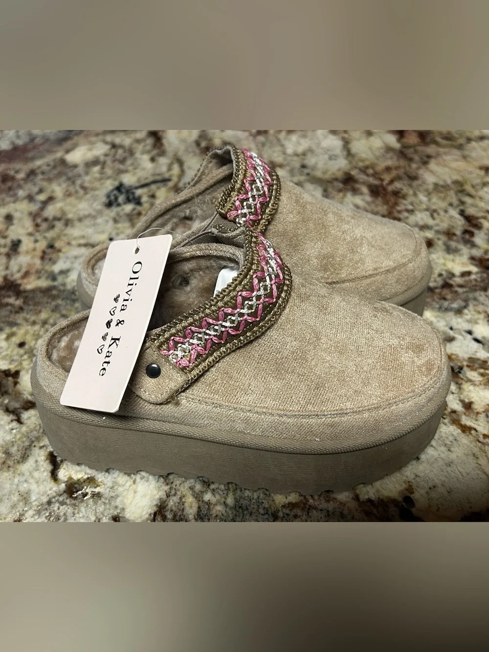 NWT Olivia & Kate Girl’s 10 Tan Suede Fur Lined Moccasin Slip-On Pink Braid Trim